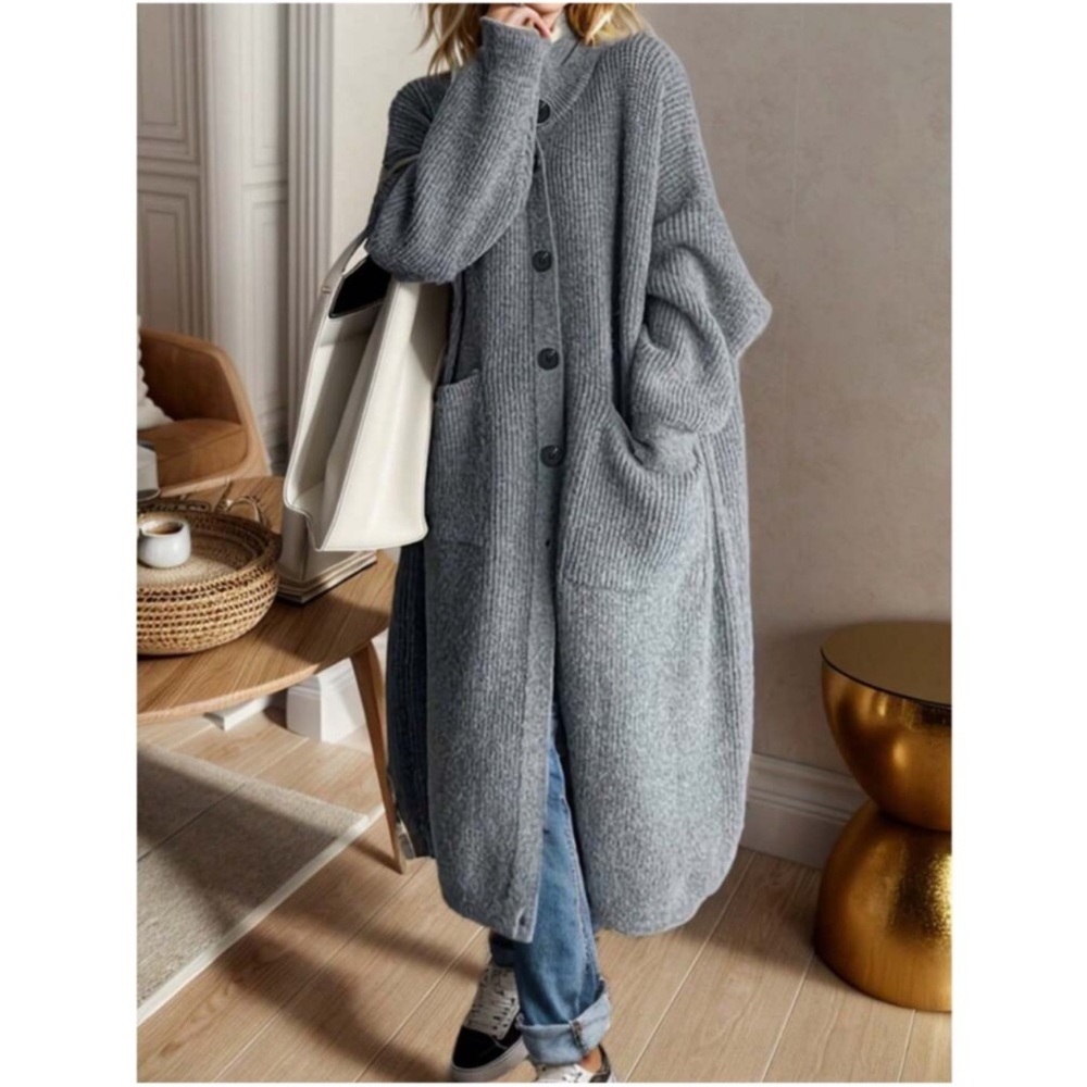 Cozy Solid Button Down High Neck Pockets Oversized Cardigan S M L